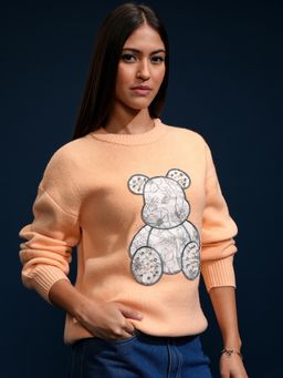 TOKYO TALKIES - Women Peach Embellished Round Neck Sweater