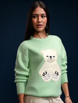 TOKYO TALKIES - Women Green Embroidered Round Neck Sweater