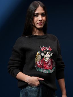 TOKYO TALKIES - Women Black Embroidered Full Sleeve Round Neck Sweater