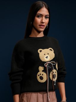 TOKYO TALKIES - Women Black Embroidered Round Neck Sweater
