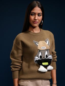 TOKYO TALKIES - Women Brown Embroidered Round Neck Sweater