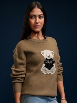 TOKYO TALKIES - Women Brown Embellished Round Neck Sweater
