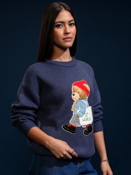 TOKYO TALKIES - Women Navy Blue Embroidered Round Neck Sweater