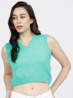 TOKYO TALKIES - Women Sea Green Crop Pullover Sweater