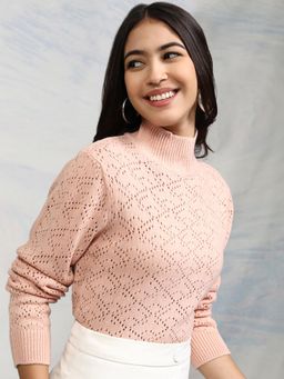 TOKYO TALKIES - Women Peach High Neck Self Design Pullover Sweater