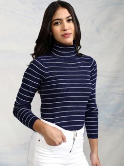 TOKYO TALKIES - Women Navy Blue Striped Acrylic Pullover Sweater