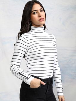 TOKYO TALKIES - Women White Striped Acrylic Pullover Sweater