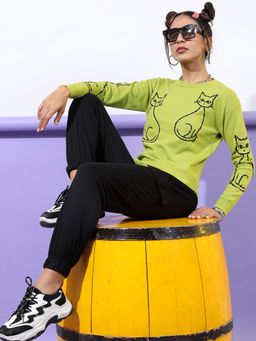 TOKYO TALKIES - Women Green Self Design Pullover Sweater