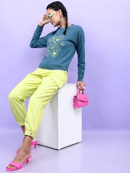 TOKYO TALKIES - Women Teal Jacquard Pullover Sweater