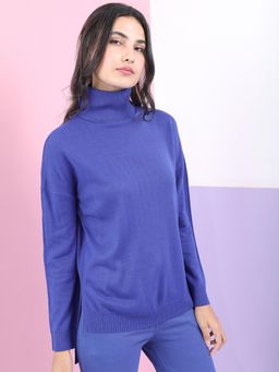 TOKYO TALKIES - Women Blue Turtle Neck Long Sleeves Acrylic Pullover Sweater