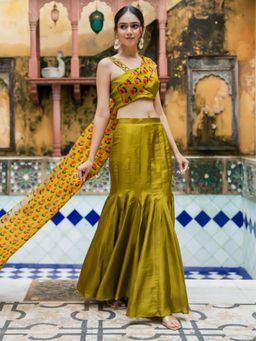 HOUSE OF JAMOTI - Trivya Olive Pre Draped Saree with Blouse