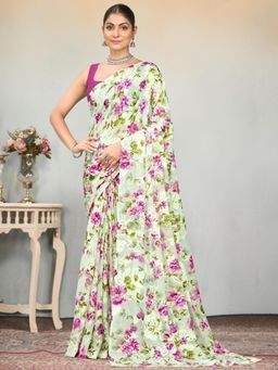 Garden VARELI - Olive Floral Printed Viscose Brasso Saree Without Blouse