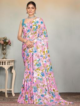 Garden VARELI - Pink Floral Printed Viscose Brasso Saree Without Blouse
