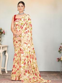 Garden VARELI - Beige Floral Printed Viscose Brasso Saree Without Blouse