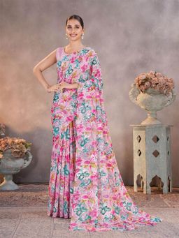 Garden VARELI - Floral Printed Pink Brasso Saree Without Blouse