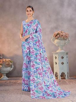 Garden VARELI - Blue Floral Printed Brasso Saree Without Blouse