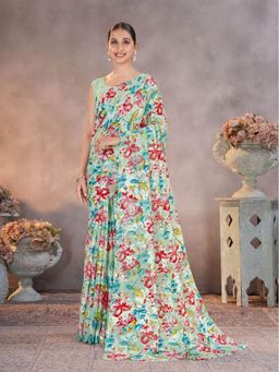 Garden VARELI - Green Floral Printed Brasso Saree Without Blouse