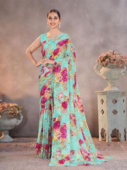 Garden VARELI - Blue Floral Brasso Saree Without Blouse