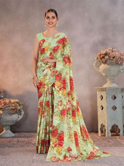 Garden VARELI - Floral Printed Green Brasso Saree Without Blouse