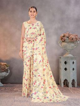Garden VARELI - Yellow Floral Printed Brasso Saree Without Blouse
