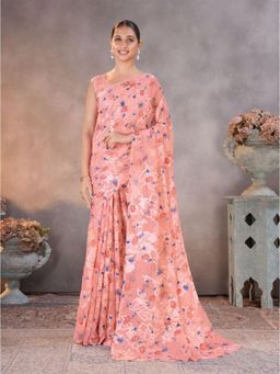 Garden VARELI - Pink Floral Printed Brasso Saree Without Blouse