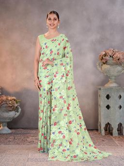 Garden VARELI - Green Floral Printed Brasso Saree Without Blouse