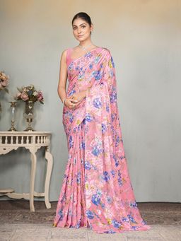 Garden VARELI - Peach Floral Printed Georgette Brasso Saree Without Blouse
