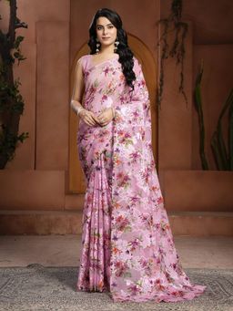 Garden VARELI - Pink Floral Printed Georgatte Brasso Saree Without Blouse