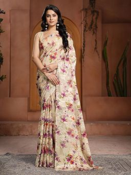 Garden VARELI - Beige Floral Printed Georgatte Brasso Saree Without Blouse