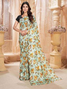 Garden VARELI - Green Floral Printed Viscose Brasso Saree Without Blouse