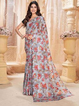 Garden VARELI - Grey Floral Printed Viscose Brasso Saree Without Blouse