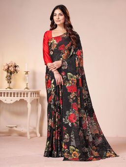 Garden VARELI - Black Floral Printed Georgette Brasso Saree Without Blouse