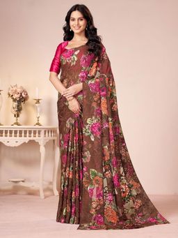 Garden VARELI - Brown Floral Printed Georgette Brasso Saree Without Blouse
