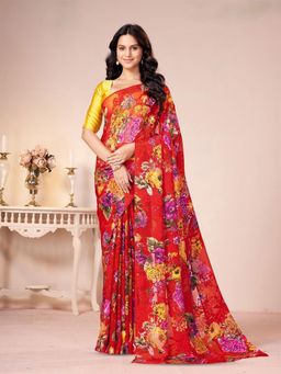 Garden VARELI - Red Floral Printed Georgette Brasso Saree with Unstitched Blouse