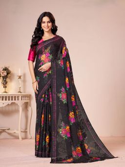 Garden VARELI - Black Floral Printed Georgette Brasso Saree Without Blouse
