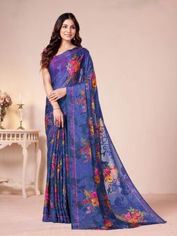 Garden VARELI - Blue Floral Printed Georgette Brasso Saree Without Blouse