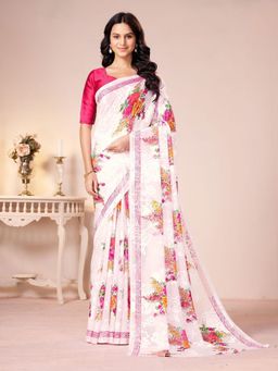 Garden VARELI - White Floral Printed Georgette Brasso Saree Without Blouse
