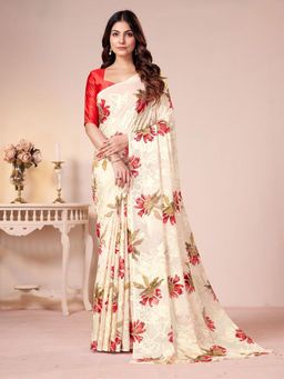Garden VARELI - Beige Floral Printed Georgette Brasso Saree with Unstitched Blouse