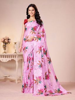 Garden VARELI - Pink Floral Printed Georgette Brasso Saree with Unstitched Blouse