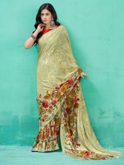 Garden VARELI - Green Floral Printed Viscose Brasso Saree Without Blouse