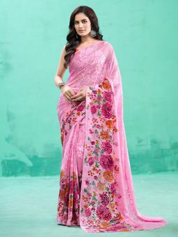 Garden VARELI - Pink Floral Printed Viscose Brasso Saree Without Blouse