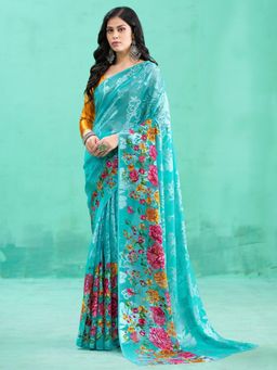 Garden VARELI - Teal Floral Printed Viscose Brasso Saree with Unstitched Blouse