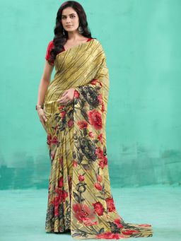 Garden VARELI - Olive Floral Printed Viscose Brasso Saree with Unstitched Blouse