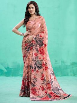 Garden VARELI - Peach Floral Printed Viscose Brasso Saree with Unstitched Blouse