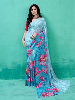 Garden VARELI - Blue Floral Printed Viscose Brasso Saree Without Blouse