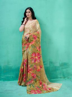 Garden VARELI - Brown Floral Printed Viscose Brasso Saree Without Blouse