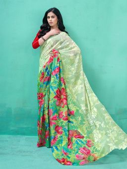 Garden VARELI - Green Floral Printed Viscose Brasso Saree with Unstitched Blouse