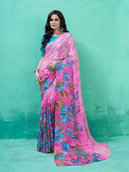 Garden VARELI - Pink Floral Printed Viscose Brasso Saree Without Blouse