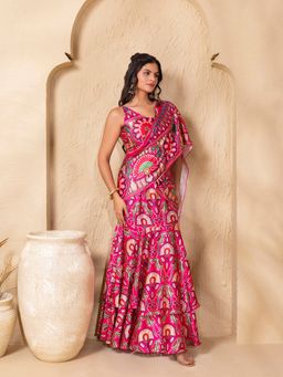 Mabish By Sonal Jain - Floral Print Pink Pre-Draped Double Layer Saree with Blouse