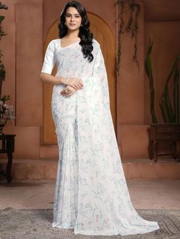 Garden VARELI - White Floral Printed Georgette Saree Without Blouse